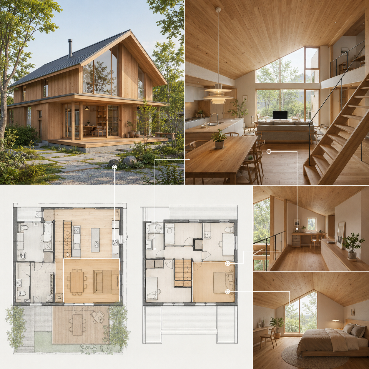 Archicadで作成された温かみのある木造住宅の3D外観・内観パースと、平面図の連動イメージ