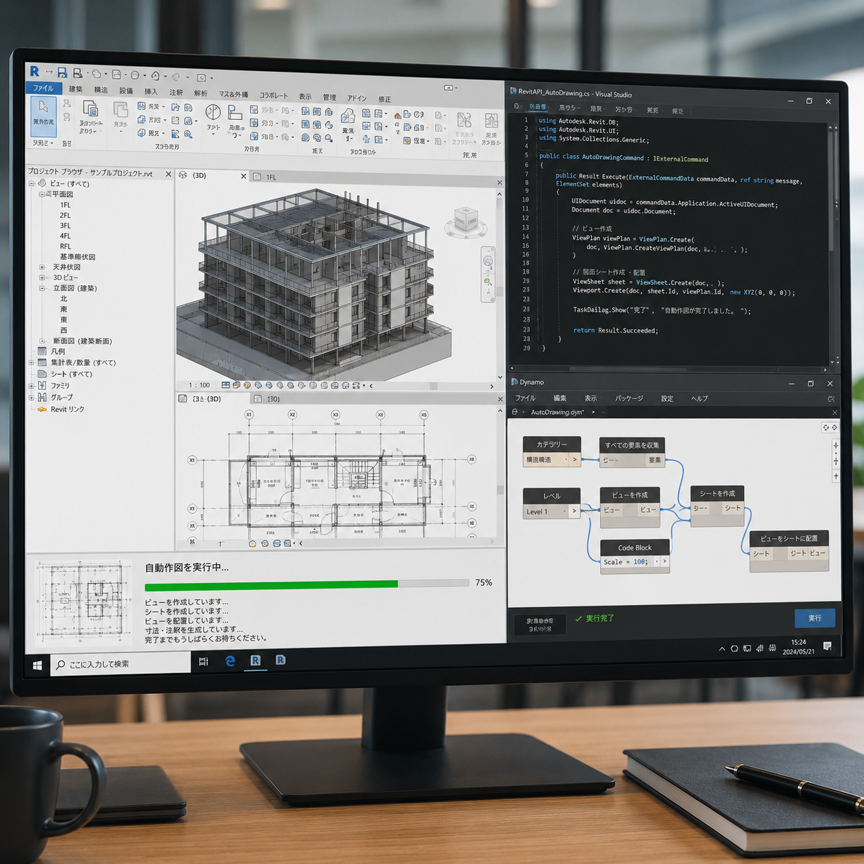 Revit APIまたはDynamoスクリプトによる自動作図の実行画面